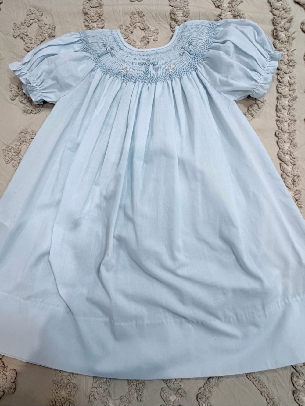 Classic Light Blue Smocked Puff-Sleeve Dress for Girls